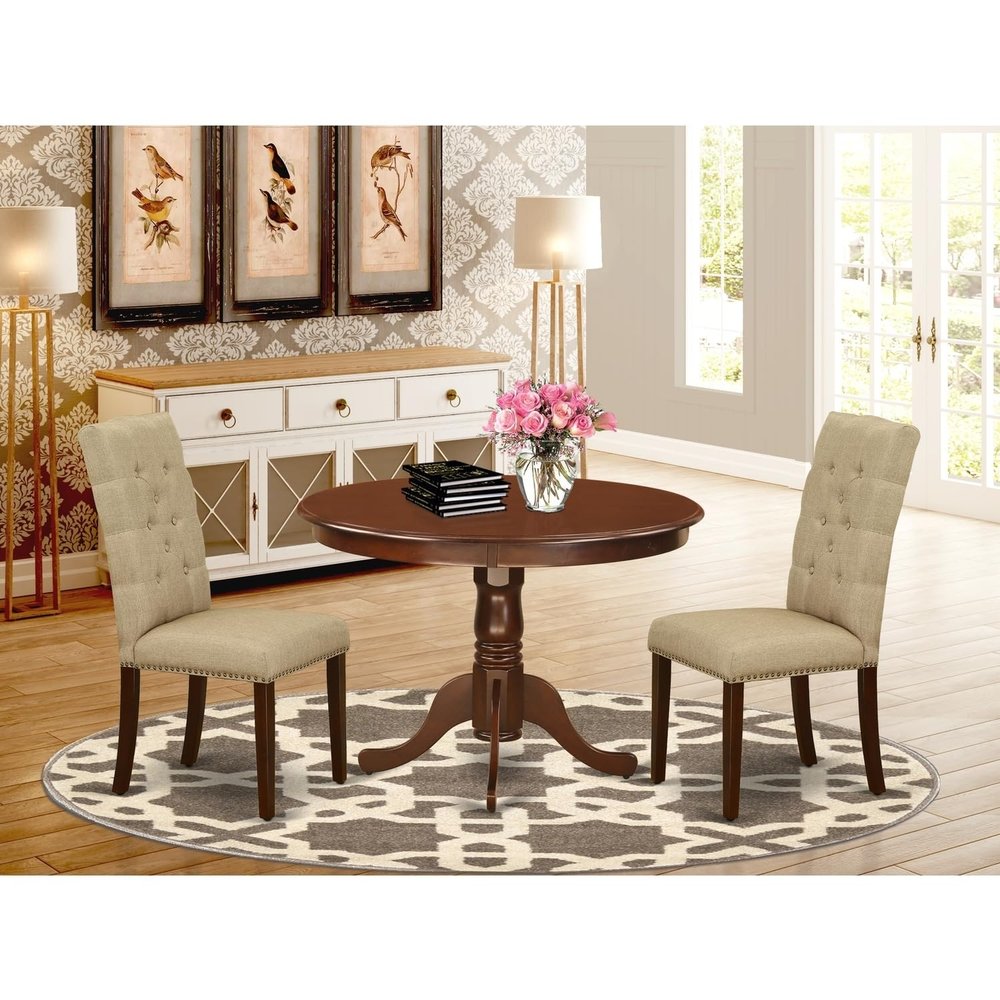 HomeStock Neo-Classical Nostalgia 3-Pc Kitchen Table Set ncluded A Round Kitchen Table & 2 Kitchen- Chairs, Dark Khaki Fabric Dining Room Chairs Seat with Mahogany Finish
