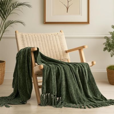 EverGrace Soft Chenille Throw Blanket for Couch, Cozy Plush Fuzzy Decorative Chenille Knit Throw Blanket with Tassels, Lightweight Blanket and Throws for Bed Sofa Gift Home Decor, Olive Green 50"x60"