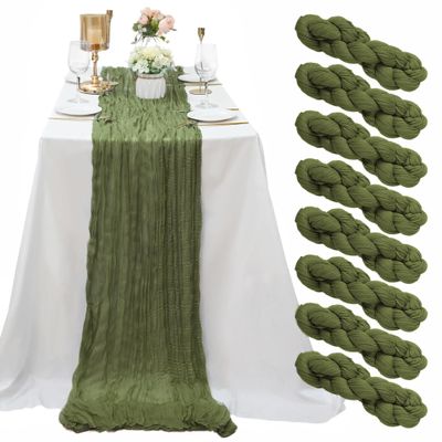 8 Pack Grass Green Cheesecloth Table Runner 10Ft Boho Table Runners 35x120Inch Romantic Cheese Cloth Table Runner for Wedding Birthday Party Bridal Baby Shower Engagement Holiday Christmas Table Decor