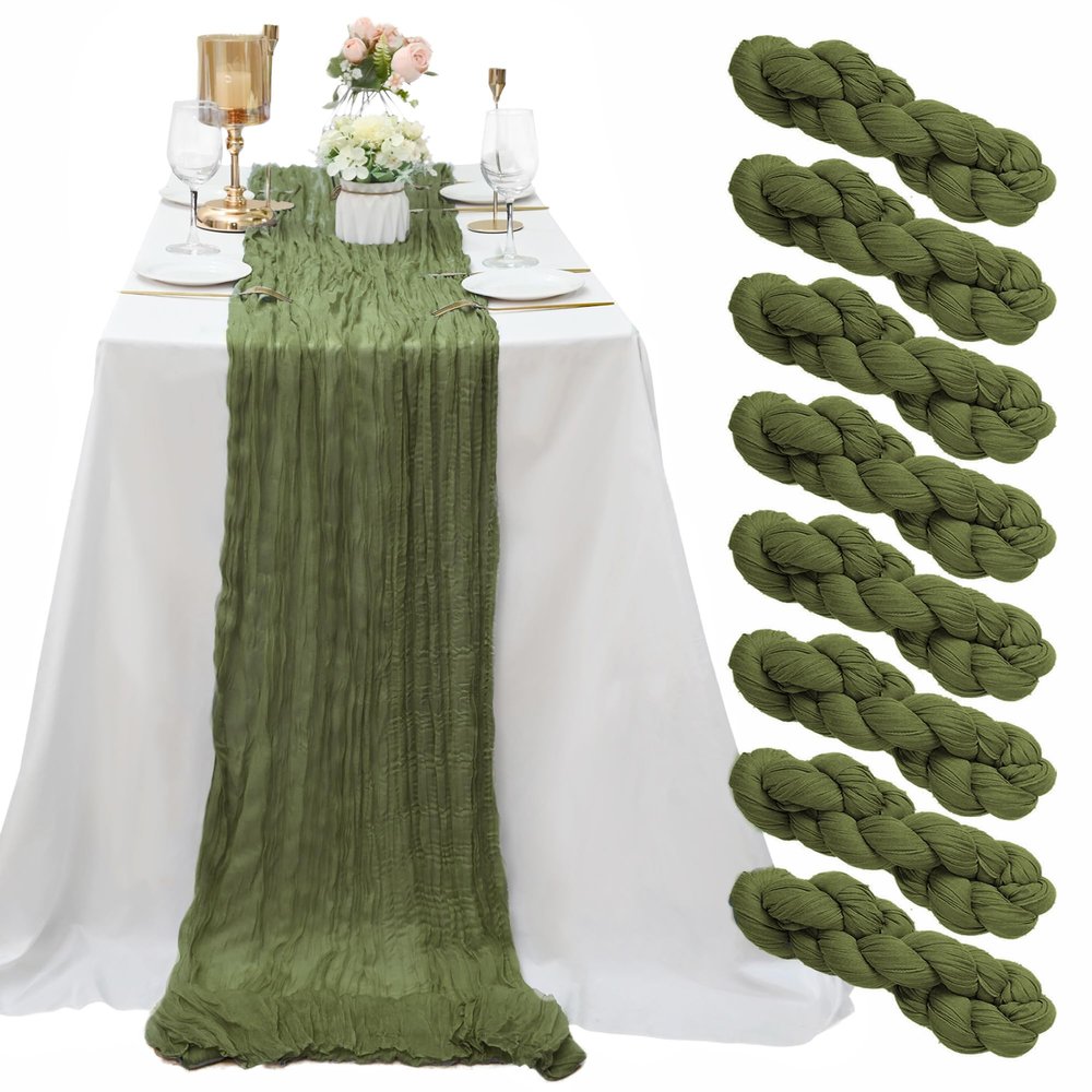8 Pack Grass Green Cheesecloth Table Runner 10Ft Boho Table Runners 35x120Inch Romantic Cheese Cloth Table Runner for Wedding Birthday Party Bridal Baby Shower Engagement Holiday Christmas Table Decor