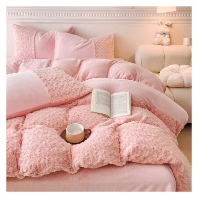 ADovz Winter Plush Luxury Queen Size Bedding Set Three-Dimensional Rose Quilt Cover Sheet Pillowcase 4-Piece Sheet Set,Bed Sheets