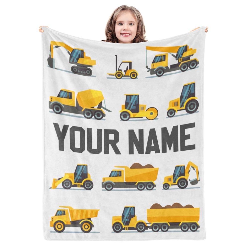 Custom Name Blanket with Construction Trucks Personalized Kids Blanket with Name for Boys Girls Toddler Baby Personalized Soft Warm Throw Blanket for Anniversary Birthday Christmas