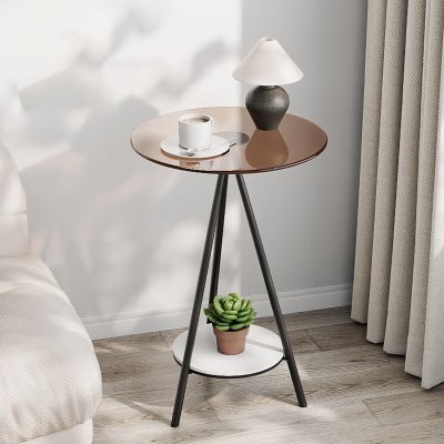 2-Tier End Table, Side Table with Tempered Glass Top, Round Side Table with Metal Legs, Small Accent Table Snack Table for Living Room, Bedroom, Small Space, Easy Assembly ( Color : Brown , Size : +Bl