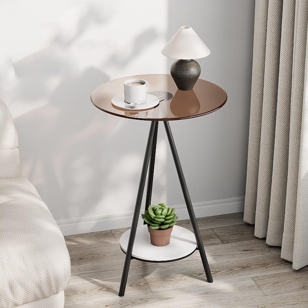 2-Tier End Table, Side Table with Tempered Glass Top, Round Side Table with Metal Legs, Small Accent Table Snack Table for Living Room, Bedroom, Small Space, Easy Assembly ( Color : Brown , Size : +Bl