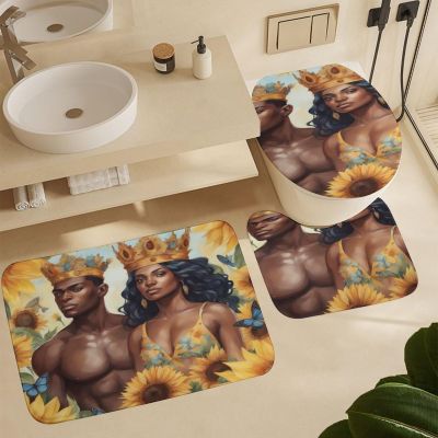 ZGDPBYF 3 Pieces Bath Mats Set for Bathroom, Black Couple African American Men Bathroom Rug Set of 3, Sunflower Bouquet Black Couple Washable Cover Floor Rug Decorations for Kitchen Bathroom Bedroom