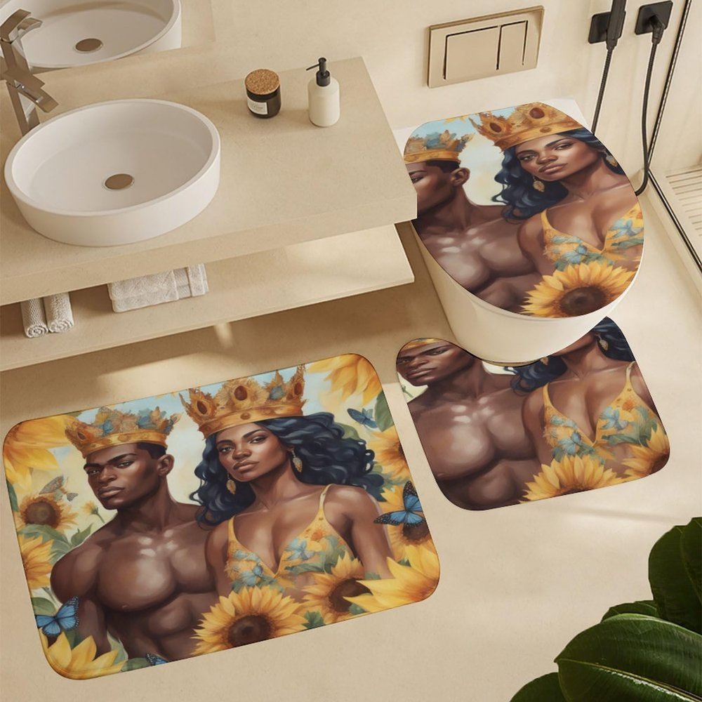 ZGDPBYF 3 Pieces Bath Mats Set for Bathroom, Black Couple African American Men Bathroom Rug Set of 3, Sunflower Bouquet Black Couple Washable Cover Floor Rug Decorations for Kitchen Bathroom Bedroom