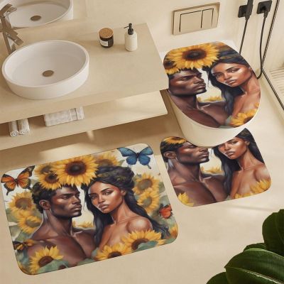 ZGDPBYF Bathroom Rugs Set Ultra Soft 3 Pieces Bath Rugs Non Slip, Bathroom Mat, Bathroom Set with Toilet Rugs, Afro Couple Vintage Floral Flower Romantic Love Perfect Plush Bathroom Mats Bathroom Tub