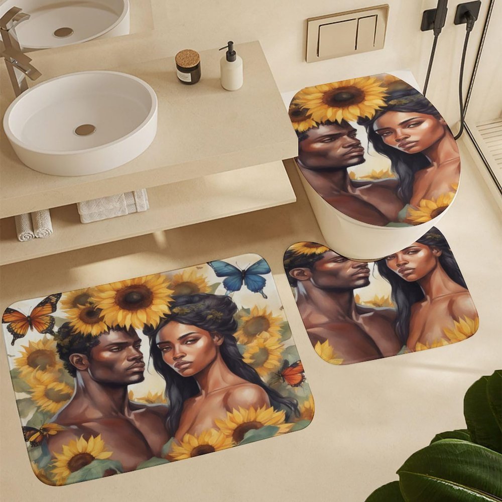ZGDPBYF Bathroom Rugs Set Ultra Soft 3 Pieces Bath Rugs Non Slip, Bathroom Mat, Bathroom Set with Toilet Rugs, Afro Couple Vintage Floral Flower Romantic Love Perfect Plush Bathroom Mats Bathroom Tub