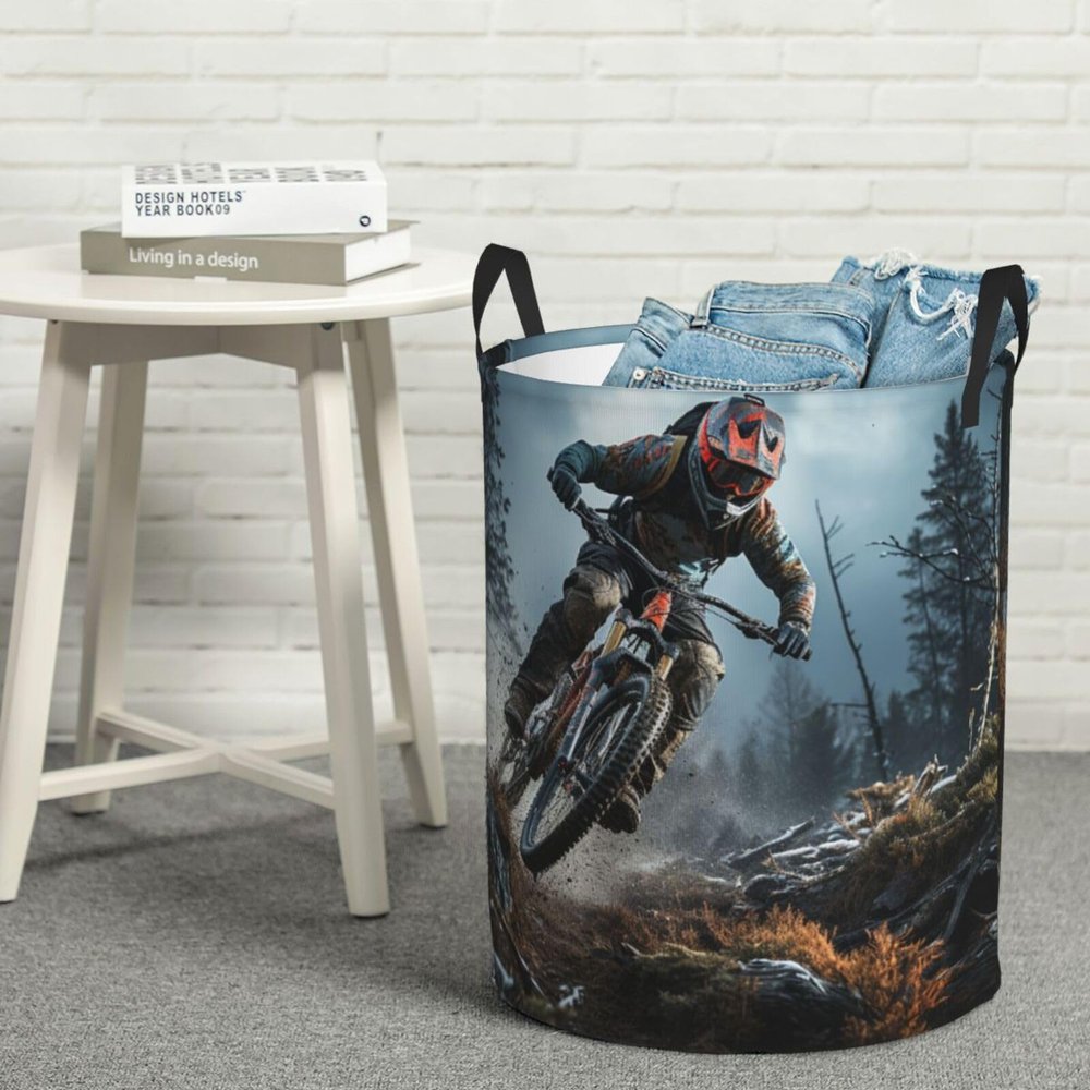 Round Laundry Basket Dirty Clothes Hamper with Handles Mountain Bike Tournament Laundry Hamper for Bathroom Waterproof Circular Hamper Lightweight Round Storage Basket for Blanket Organizer Basket