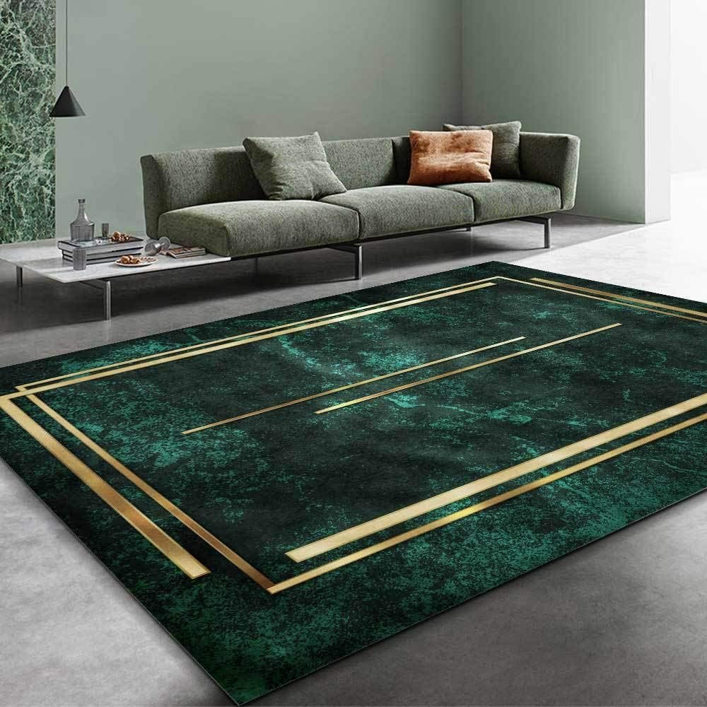 Green Gold Lines Area Rugs, Elegant Light Luxury Style Carpet, Soft Non-Skid Carpet Throw Rug for Kids Teen Girls Boys Bedroom, Living Room Bathroom,Classroom Office 5 x 6ft