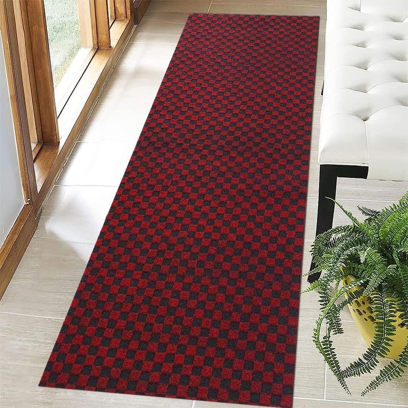 LITA 2'~82' Custom Sizes Runner Rug Mat Indoor Outdoor Utility Carpet,Area Rugs with Non Slip Rubber Backing for Hallway Kitchen Entryway Balcony Garage Stair Laundry, Checked Red, 2ft x 50ft