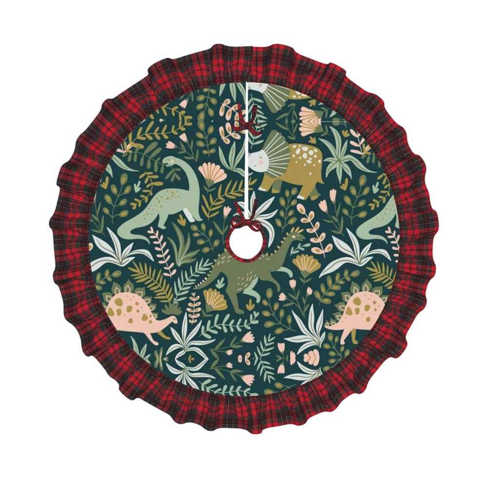 Cute Dinosaur Festive Christmas Tree SkirtClassic Plaid Design,Ideal for Holiday Decorations