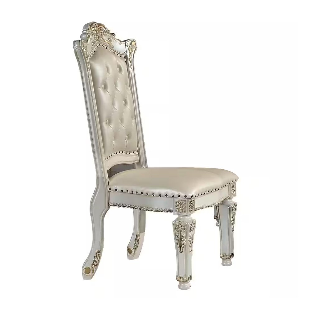 Benjara Jess 24 Inch Counter Chair Set of 2, Pearl Faux Leather, Button Tufted