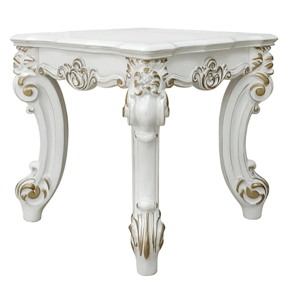 Benjara Jess 26" Side End Table- Traditional Scrolled Legs- Brushed Gold- White