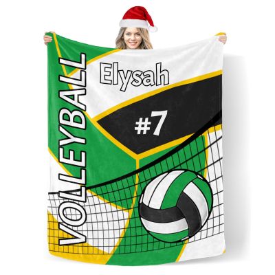 Custom Blanket with Name Text,Personalized Volleyball Green Yellow Super Soft Fleece Blankets for Couch Sofa Bed 50X60inch
