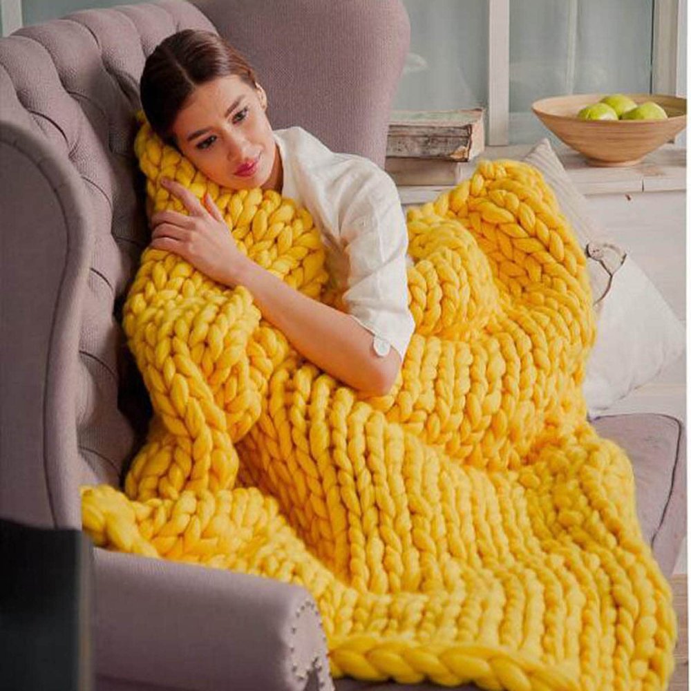 BBPM Chunky Knit Blanket - Soft Thick Yarn Cable Knit Throw in 100% Merino Wool, Cute Rope Knot Crochet, Yellow, 100x150cm/39x59in