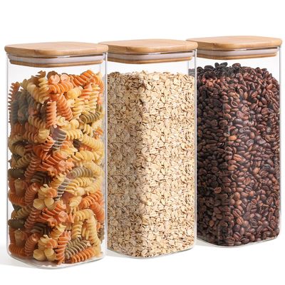 ComSaf 1.9 Qt Glass Storage Containers with Lids, Glass Jars with Lids, Clear Food Storage Jar, Square Canister Set of 3, Pantry Organizers and Storage for Flour Rice Pasta Tea Coffee Bean