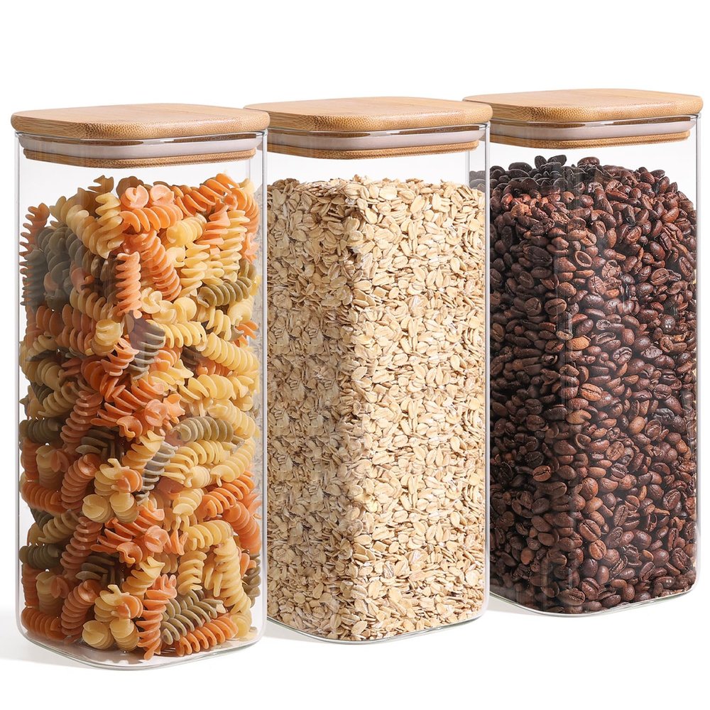 ComSaf 1.9 Qt Glass Storage Containers with Lids, Glass Jars with Lids, Clear Food Storage Jar, Square Canister Set of 3, Pantry Organizers and Storage for Flour Rice Pasta Tea Coffee Bean