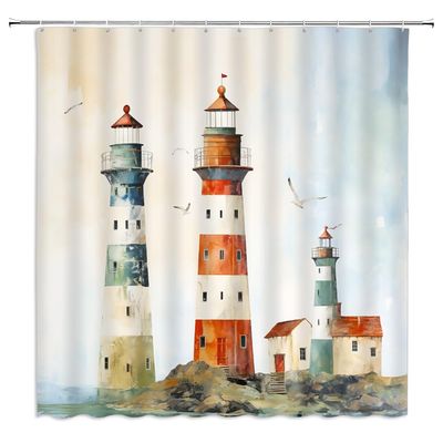 ZWSMZW Nautical Theme Shower Curtain Lighthouse Retro Coastal Beach Seagull Seaside Landscape Abstract Art Bathroom Decor Fabric Curtains with Hooks