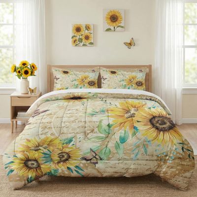 WeCozy Queen Size Comforter Set with 2 Pillowcases, Flower Rustic Thanksgiving Soft 3 Pcs Bedding for Kids and Adults, Sunflower Floral Yellow Comforter Set for Bedroom Bed Decor