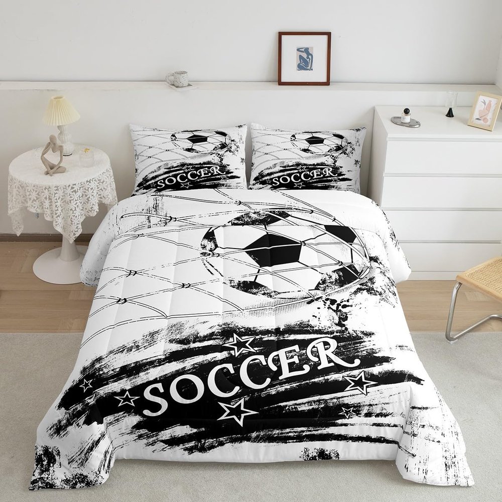 Feelyou Football Comforter Set Kids Graffiti Bedding Set Black White Comforter for Women Men Room Decor Lightweight American Quilt Set with 1 Pillow Case