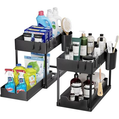 Dxcaicc Under Sink Cabinet Organizer Shelf, 2 Tier Sliding Cabinet Basket Organizer Rack,Pull Out Storage Holder with Hooks, Multi-Purpose Under Sink Storage for Bathroom Kitchen
