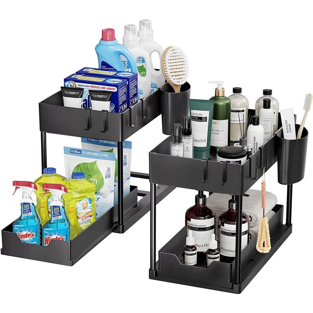 Dxcaicc Under Sink Cabinet Organizer Shelf, 2 Tier Sliding Cabinet Basket Organizer Rack,Pull Out Storage Holder with Hooks, Multi-Purpose Under Sink Storage for Bathroom Kitchen