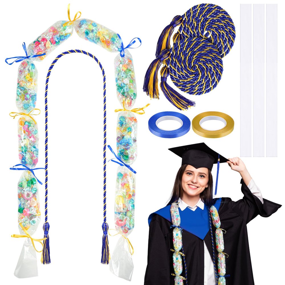 Teling 8 Pcs Graduation Candy Lei Tubing Making Kit Include 3 Lei Bag 4.92 Feet Long with 3 Tassel Honor Cord and 2 Rolls Ribbon for Graduation Party Favor Wrapping DIY Hawaii Tropical(Blue, Yellow)