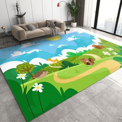 Cartoon Snow Mountain Grassland Area Carpet, Cute Hedgehog Pine Flowers Print Rugs, Children's Carpet Washable Durable Noise Reduction for Boy Girl Nursery Bedroom Decor5 x 6ft