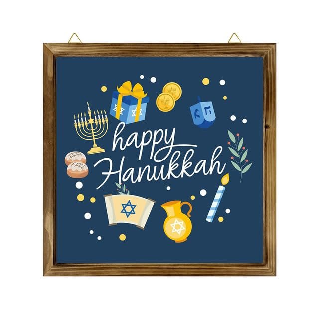 Bidesign (8x8) IN Happy Hanukkah Wooden Square Sign Table Sign Hanging hanukah Party Wall Decor Jewish Judaism Hanukkah Menorah Home Decor for Hanukkah Christmas Decoration Gifts