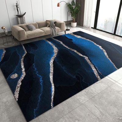 Nordic Light Luxury Ripple Area Rug, Modern Abstract Sea Blue White Gold Lines Rugs, Anti-Slip Absorbent Washable Easy Clean Carpet for Living Room Bedroom Kitchen Entryway Patio-6x9ft