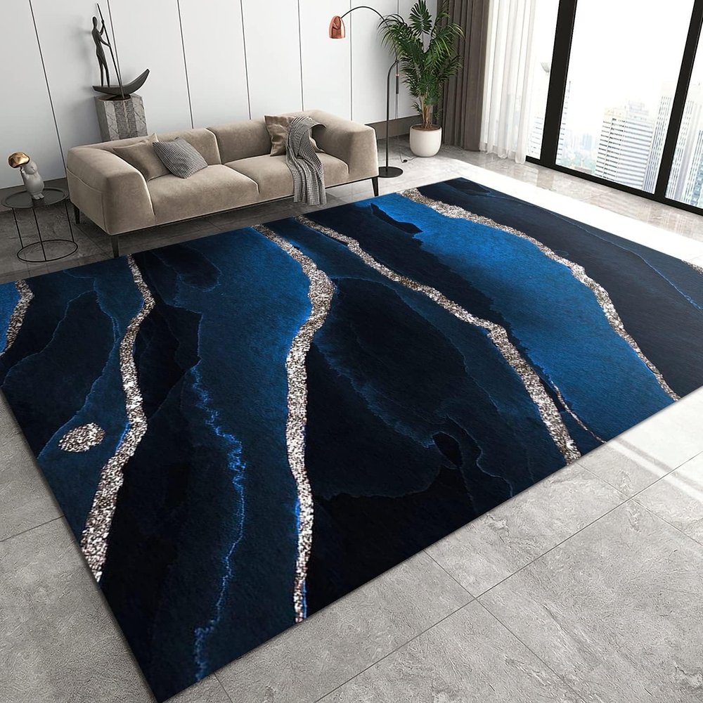 Nordic Light Luxury Ripple Area Rug, Modern Abstract Sea Blue White Gold Lines Rugs, Anti-Slip Absorbent Washable Easy Clean Carpet for Living Room Bedroom Kitchen Entryway Patio-6x9ft