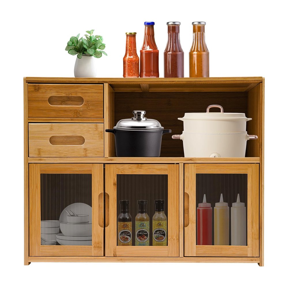 Kitchen Pantry Sideboard, Bamboo Kitchen Pantry, Kitchen Storage Cabinet,(24.4*9*18.9in,Wood Color),Freestanding Kitchen Countertop Storage Cabinet for Spice Seasoning Bottles Dishes Bowls