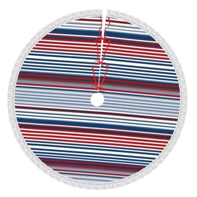 Red Blue White Gray Stripes Christmas Tree Skirt with Tassel Soft Plush Christmas Tree Cover Mat Vintage Xmas Tree Skirts for Merry Christmas Tree Decorations