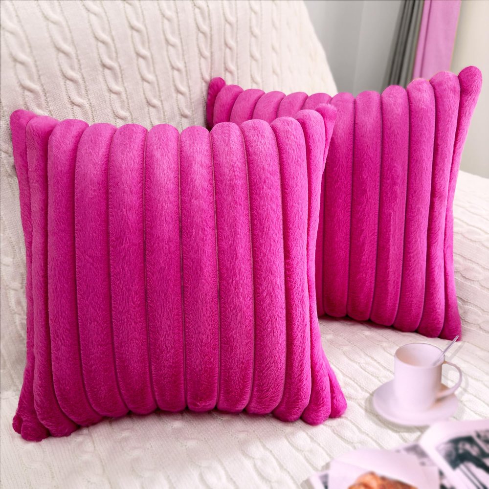 2 Pack 18x18 Pillow Cover Velvet Pillow Covers, Faux Fur Square Throw Pillow Covers for Living Room Decorations Throw Pillow Case, Throw Pillow Cover Cushion Cover for Sofa Bedroom Car, Hot Pink
