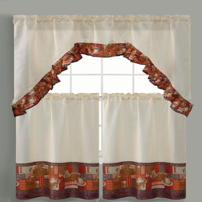 3pc Printed Rod Pocket Kitchen Curtain Tier Swag Valance Set - Coffee / 3 Piece Set 36"