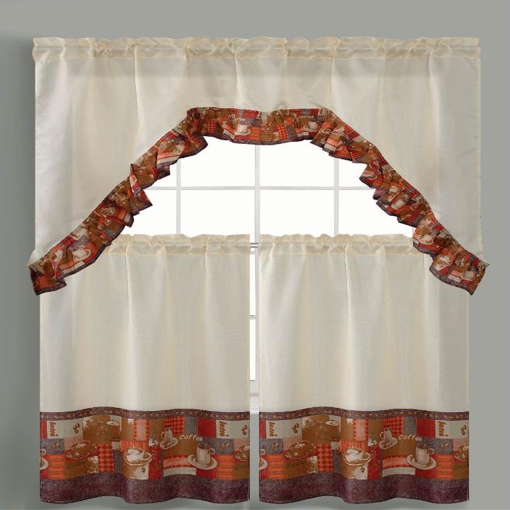 3pc Printed Rod Pocket Kitchen Curtain Tier Swag Valance Set - Coffee / 3 Piece Set 36"