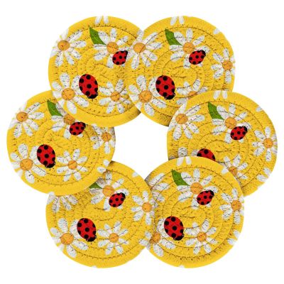 Doterii 6 Pcs Flowers Drink Coasters White Floral and Ladybirds on Yellow Woven Coasters with Holder for Drinks