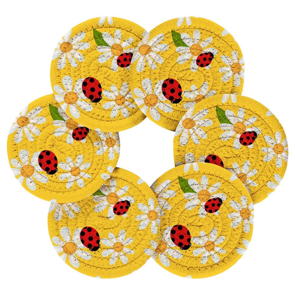 Doterii 6 Pcs Flowers Drink Coasters White Floral and Ladybirds on Yellow Woven Coasters with Holder for Drinks