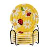 Doterii 6 Pcs Flowers Drink Coasters White Floral and Ladybirds on Yellow Woven Coasters with Holder for Drinks view 2