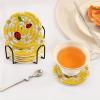 Doterii 6 Pcs Flowers Drink Coasters White Floral and Ladybirds on Yellow Woven Coasters with Holder for Drinks view 3