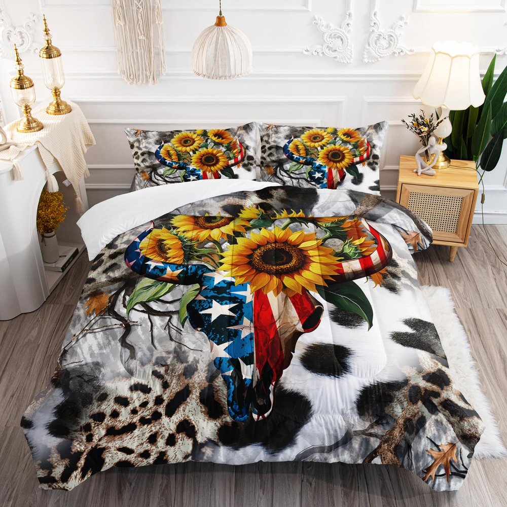 AILONEN Bull Skull Comforter Set Full Size,Cow Print Bedding Set,Cow Skull Western Comforter Set,Yellow Sunflower Floral Bed in a Bag 3 Pieces, 1 Quilt and 2 Pillowcases