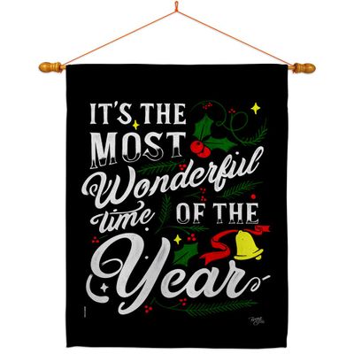 Breeze Decor Christmas Tapestry Wood Dowel Set Rod Home Banner Textile Poster Flag Stand Pole Room Wall Scroll Hanging Grandma White Elephant Most Wonderful Time Indoor Decor, Xmas Gifts Made in USA
