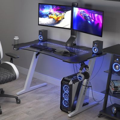 Atlantic Gaming Desk 46 inch PC Computer Home Office Desk Large Surface Workstation with Cup Holder and Headphone Hook, White