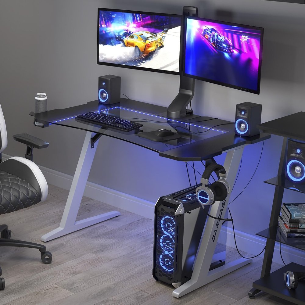 Atlantic Gaming Desk 46 inch PC Computer Home Office Desk Large Surface Workstation with Cup Holder and Headphone Hook, White