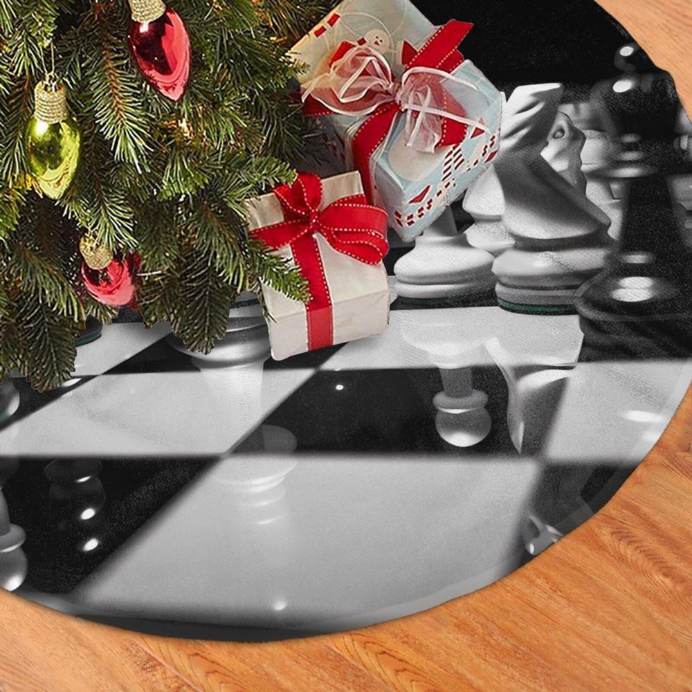 48" Plush Christmas Tree Skirt Xmas Tree Skirt for Holiday Decorations Black and White Chess Christmas Tree Decoration mat Rustic Xmas Tree Mat Cover Christmas Tree Mat for New Year Decorations