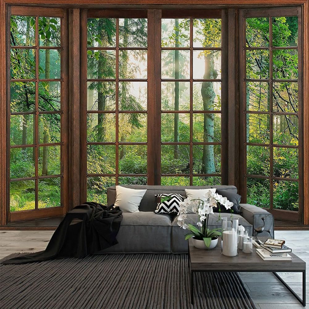 Aidatain Green Forest Natural Tapestry Window Scenery Wall Aesthetic Tapestry for Bedroom Flannel 108" L x 90" W Beach Blanket Living Dinning Room College Dorm Wall Hanging GTDJAT0095