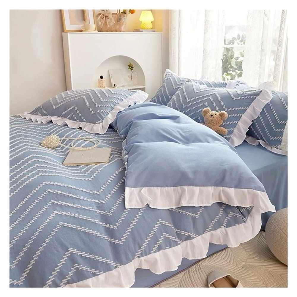 ADovz Blue Bedding Sets lace Quilt Cover Sheets Pillowcases Compatible with Girls and Children with Solid Color Simple Bed Sheets,Bed Sheets