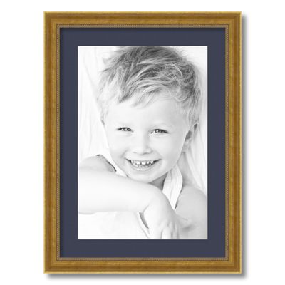 ArtToFrames 12x18 inch Antique Gold with Beaded Detailing Picture Frame with 2 Inch Single Blue Jay Mat, SingleMat-D5042-12x18-586