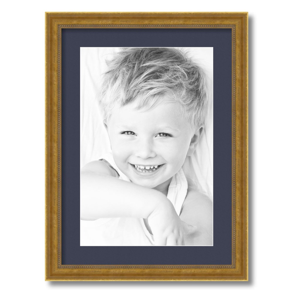 ArtToFrames 12x18 inch Antique Gold with Beaded Detailing Picture Frame with 2 Inch Single Blue Jay Mat, SingleMat-D5042-12x18-586